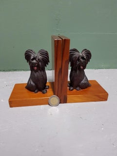 Mid-20th Century Wooden Bookends with Carved Sitting Dogs