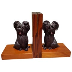 Mid-20th Century Wooden Bookends with Carved Sitting Dogs