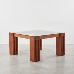 Mid-20th Century Wooden Square Dining Table with Glass Top