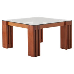 Mid-20th Century Wooden Square Dining Table with Glass Top