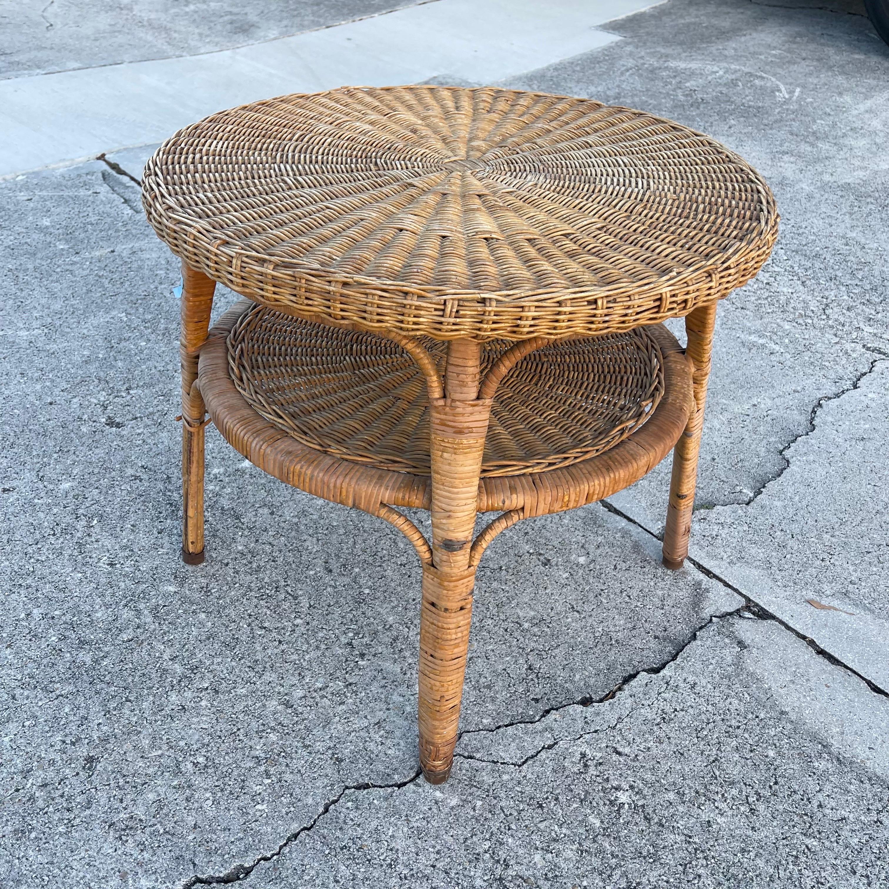 Mid-20th Century Woven Wicker Rattan Round Side or Small Coffee Table For Sale 1