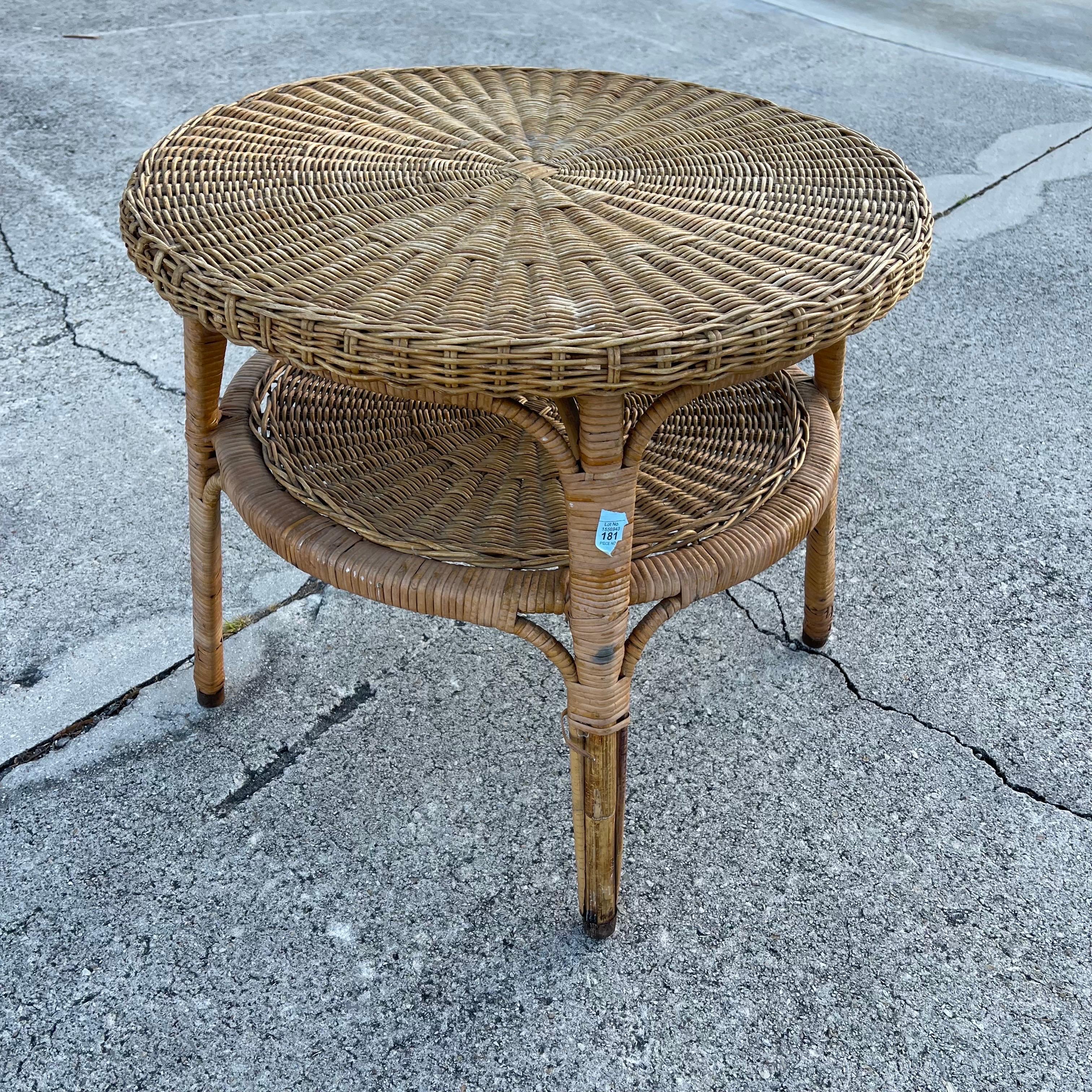 Mid-20th Century Woven Wicker Rattan Round Side or Small Coffee Table For Sale 5