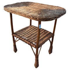 Retro Mid-20th Century Woven Wicker Rattan Side Table