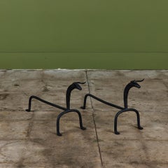 Mid-20th Century Wrought Iron Andirons with Bull Head Finials