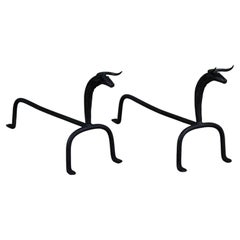 Mid-20th Century Wrought Iron Andirons with Bull Head Finials