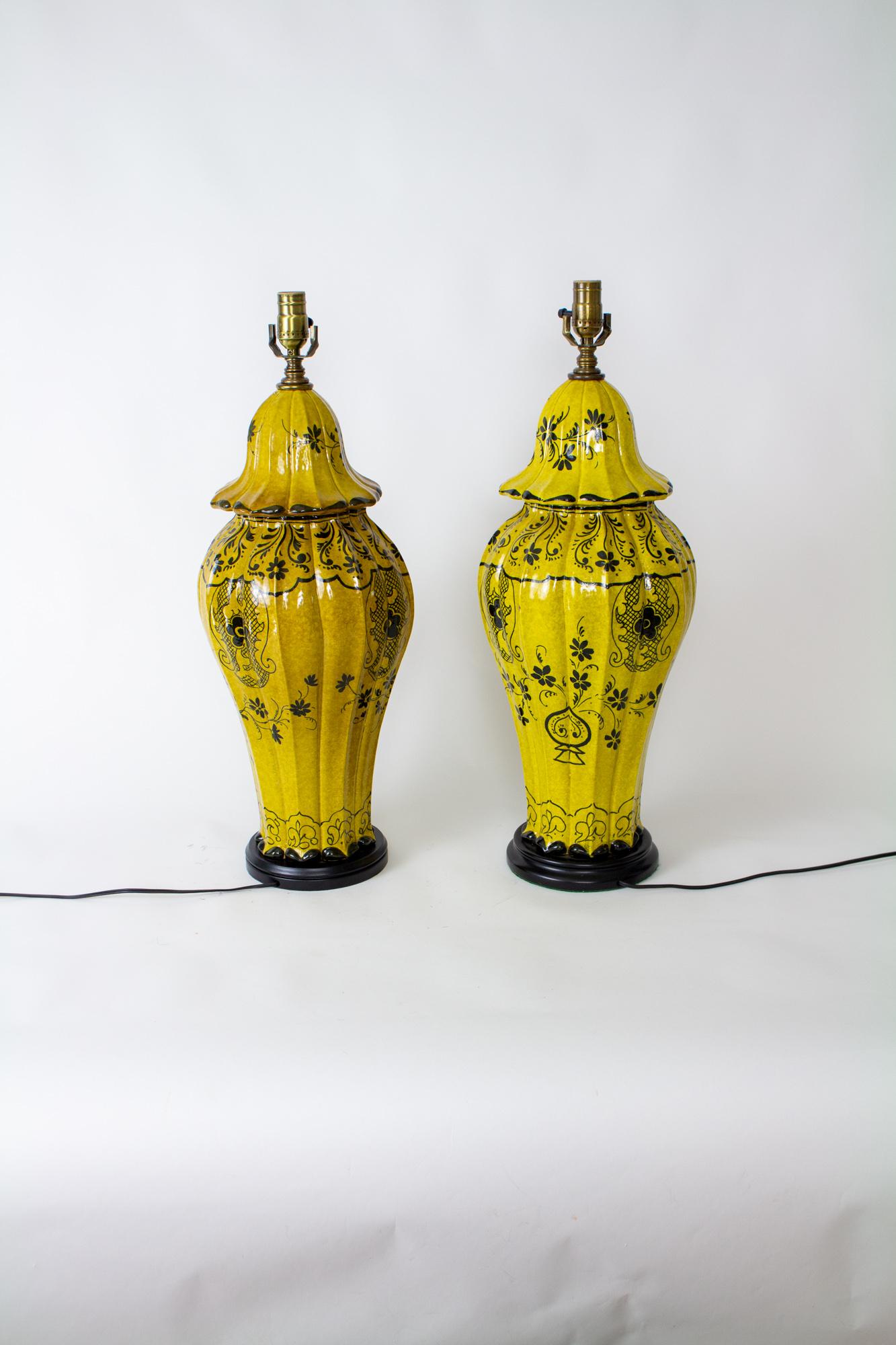 Rustic Mid 20th Century Yellow Ceramic Table Lamps, a Pair For Sale