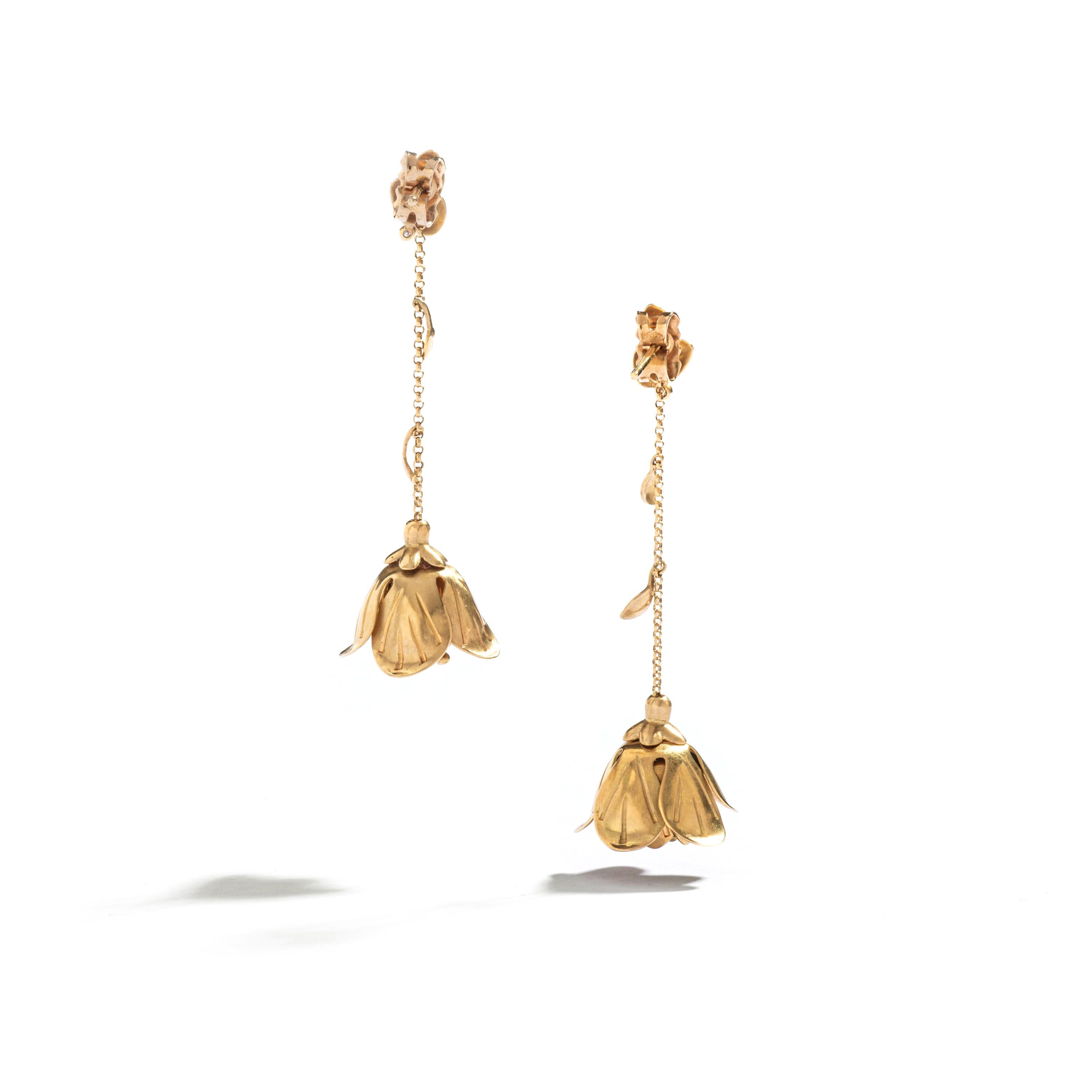 Women's or Men's Diamond Yellow Gold Rose Flower Ear Pendants 1950S For Sale