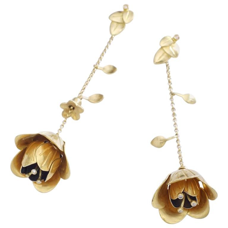 Diamond Yellow Gold Rose Flower Ear Pendants 1950S For Sale