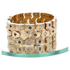 Mid-20th CenturyDiamond Sapphire 14 Karat Yellow Gold Wide Link Vintage Bracelet