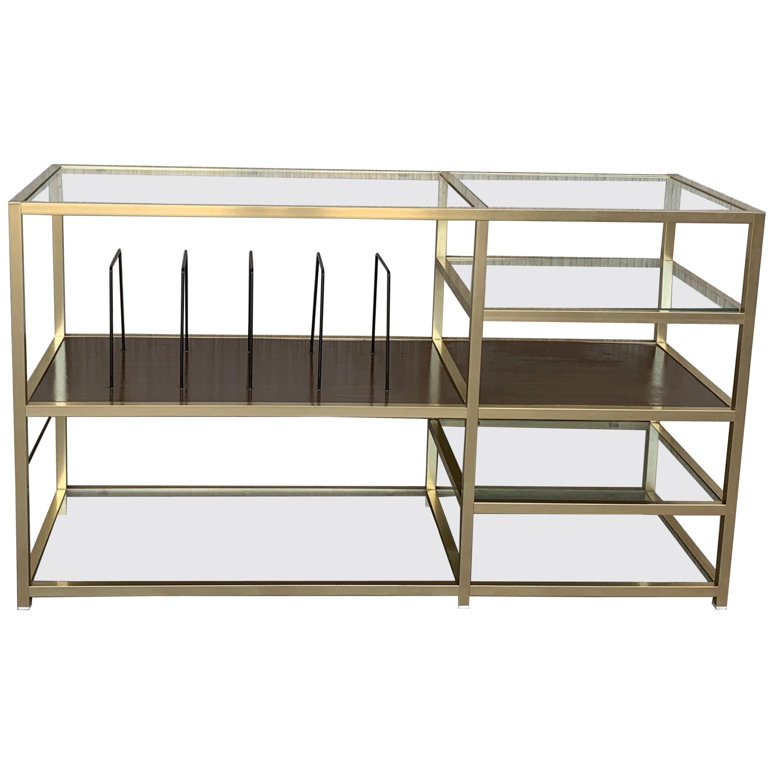 Mid 20th Italian Brass and Glass Record Console Étagère / Display / Bookshelf