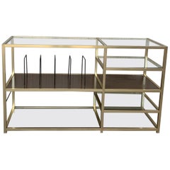 Vintage Mid 20th Italian Brass and Glass Record Console Étagère / Display / Bookshelf