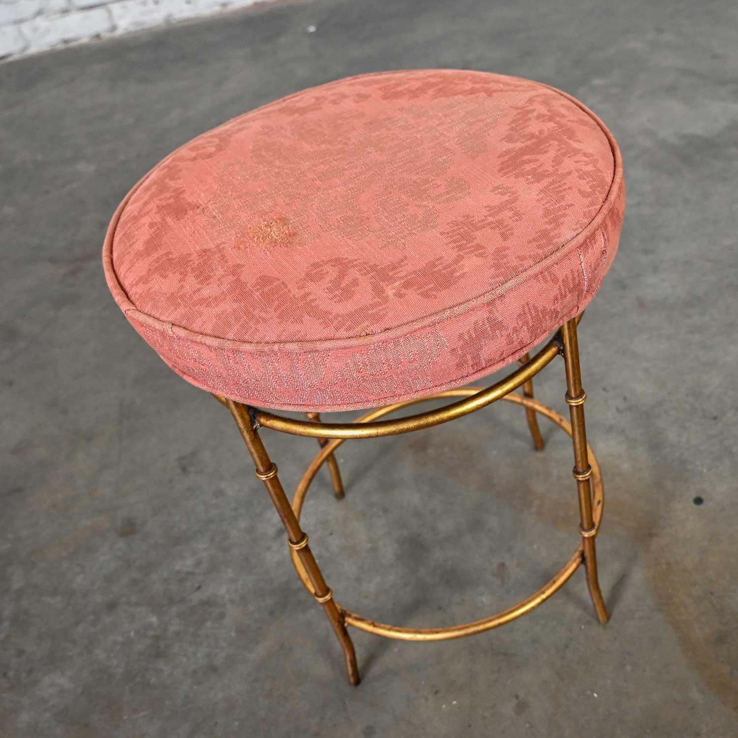 Mid 20th Italian Style Round Stool Rose Damask Seat Gilt Metal Faux Bamboo Legs  For Sale 4