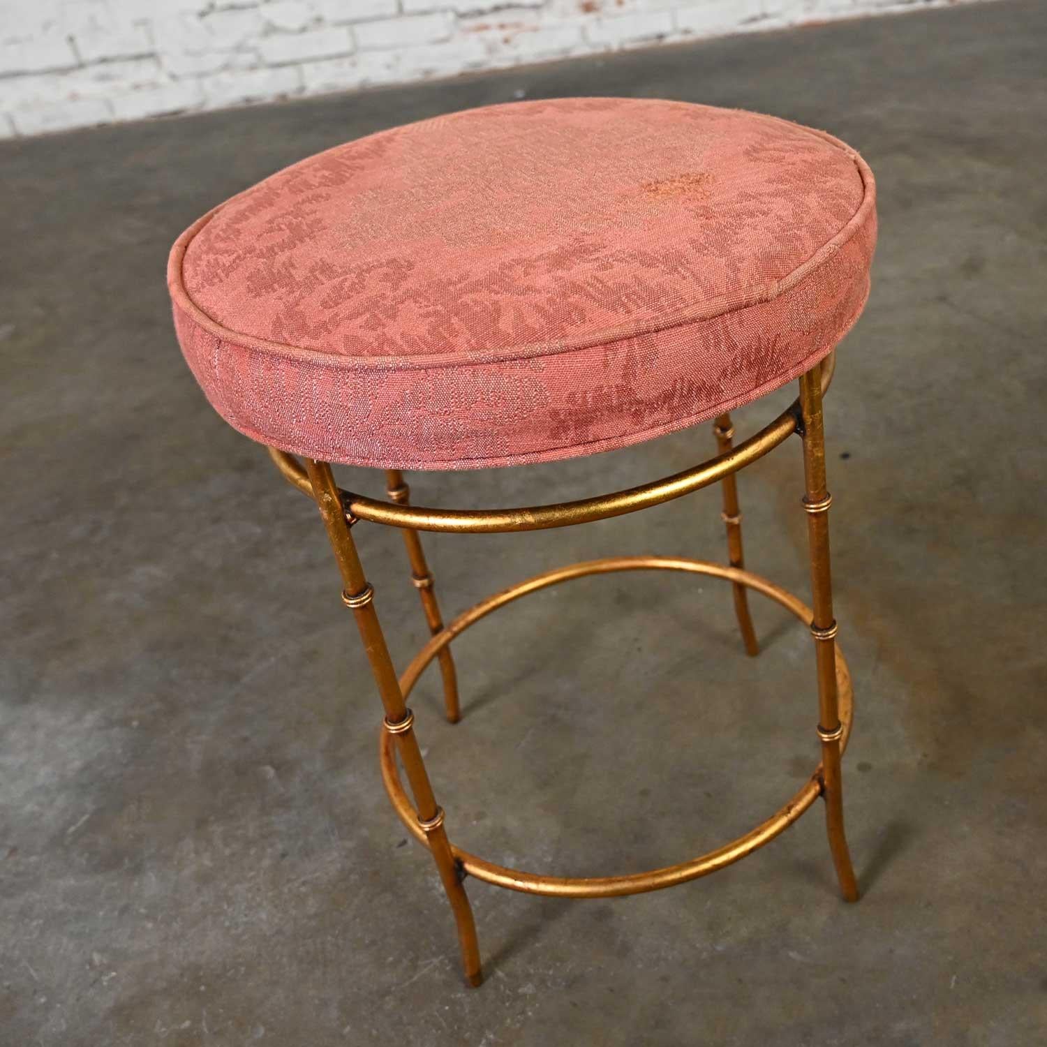 Mid 20th Italian Style Round Stool Rose Damask Seat Gilt Metal Faux Bamboo Legs  For Sale 5