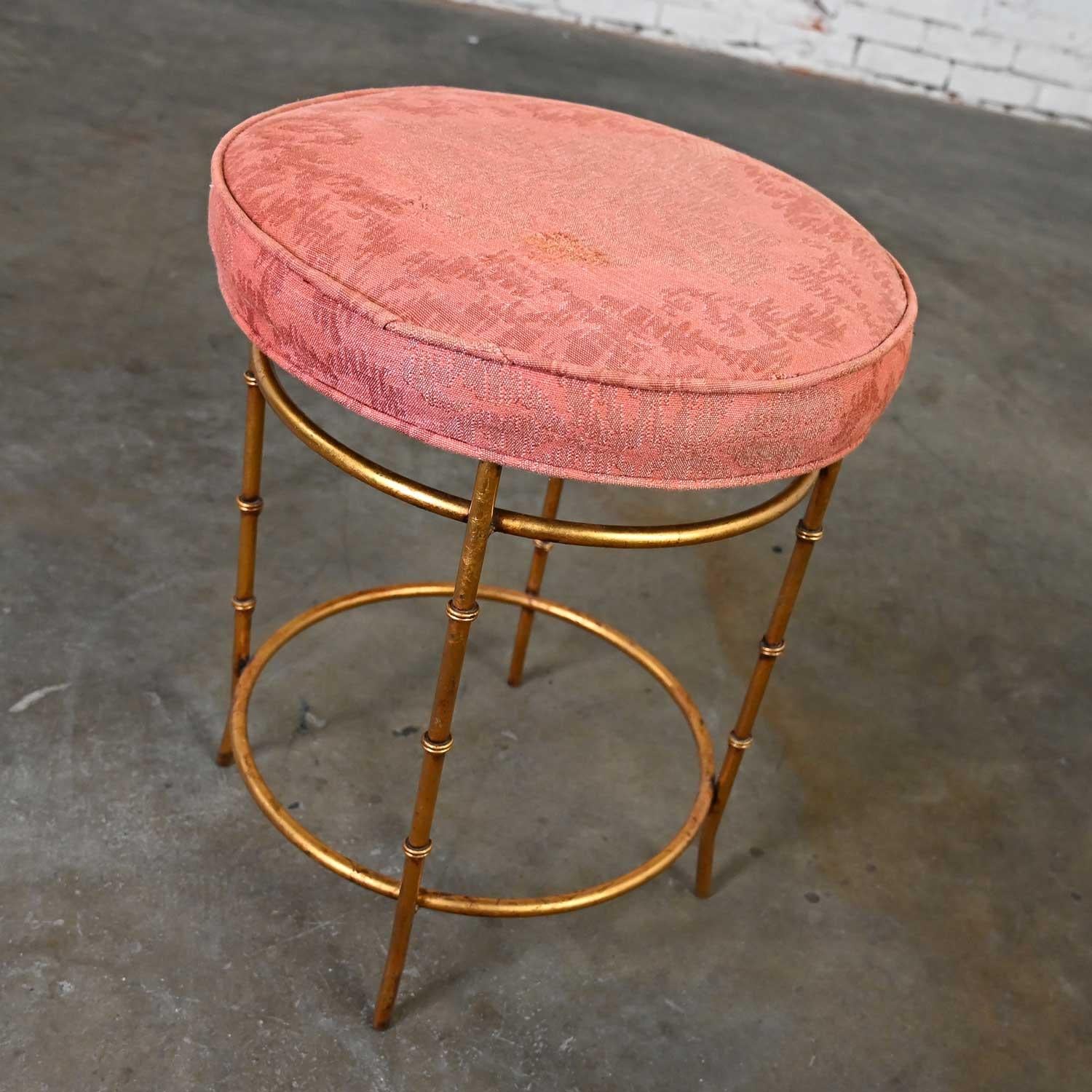 Mid 20th Italian Style Round Stool Rose Damask Seat Gilt Metal Faux Bamboo Legs  For Sale 6