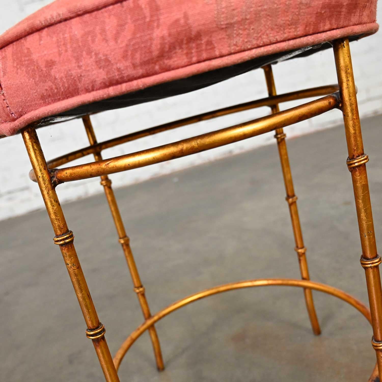 Mid 20th Italian Style Round Stool Rose Damask Seat Gilt Metal Faux Bamboo Legs  For Sale 7