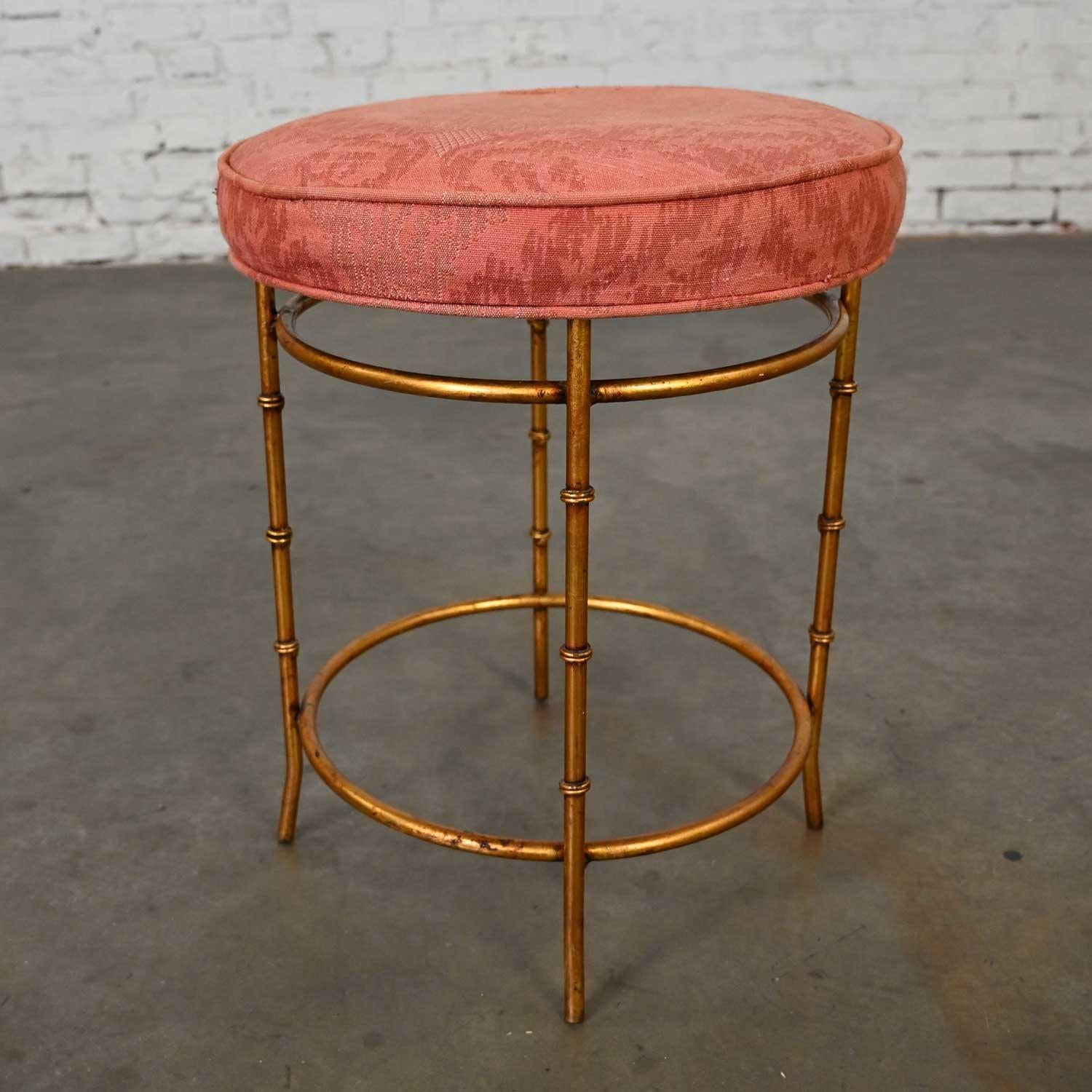 Mid 20th Italian Style Round Stool Rose Damask Seat Gilt Metal Faux Bamboo Legs  For Sale 10
