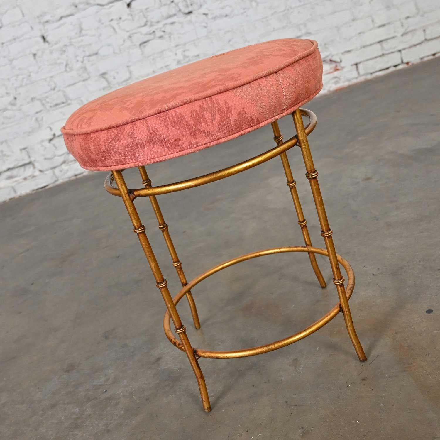 Gorgeous vintage Mid-20th Century Italian style round stool with rose damask seat & gilt metal faux bamboo legs. Beautiful condition, keeping in mind that this is vintage and not new so will have signs of use and wear. The damask fabric is worn &