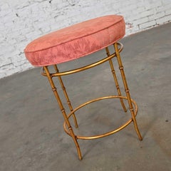 Mid 20th Italian Style Round Stool Rose Damask Seat Gilt Metal Faux Bamboo Legs