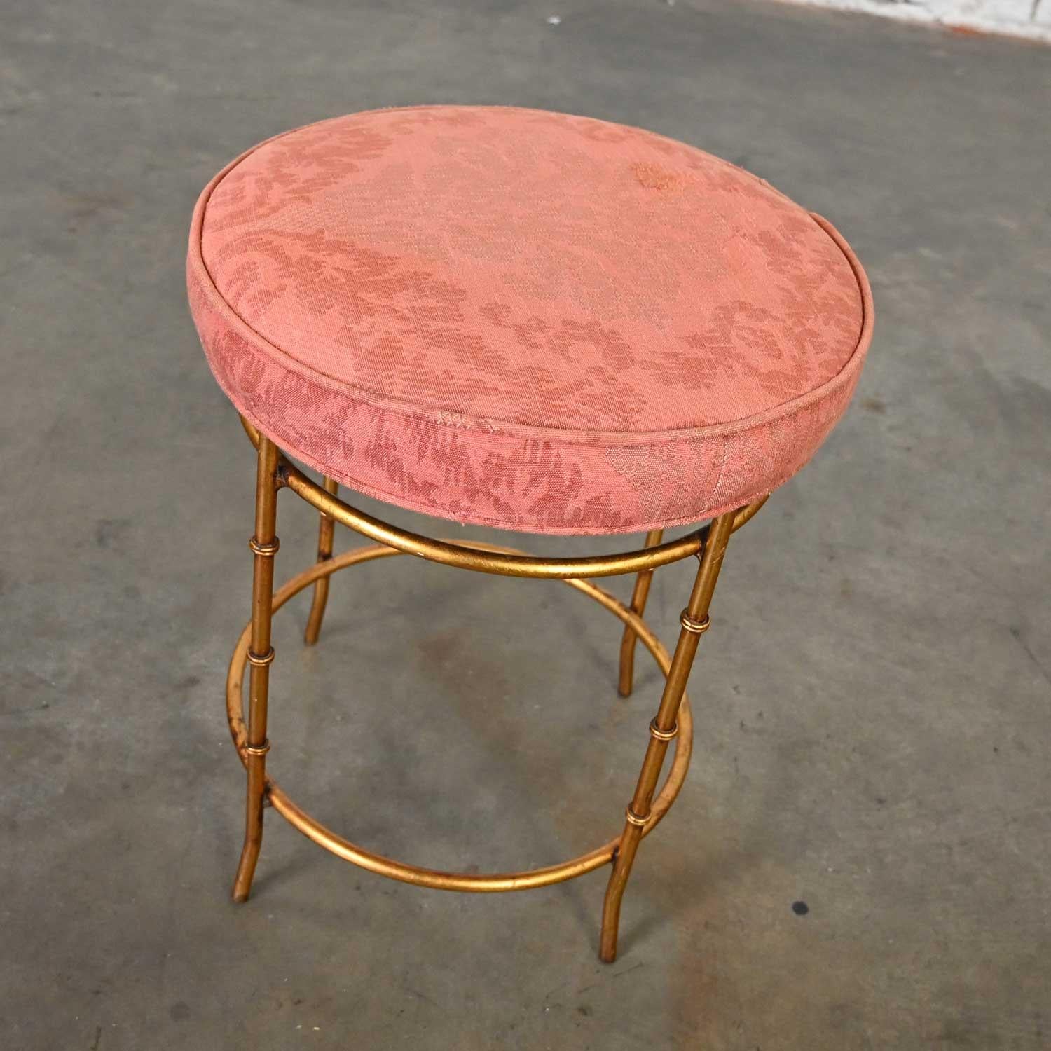 Neoclassical Revival Mid 20th Italian Style Round Stool Rose Damask Seat Gilt Metal Faux Bamboo Legs  For Sale