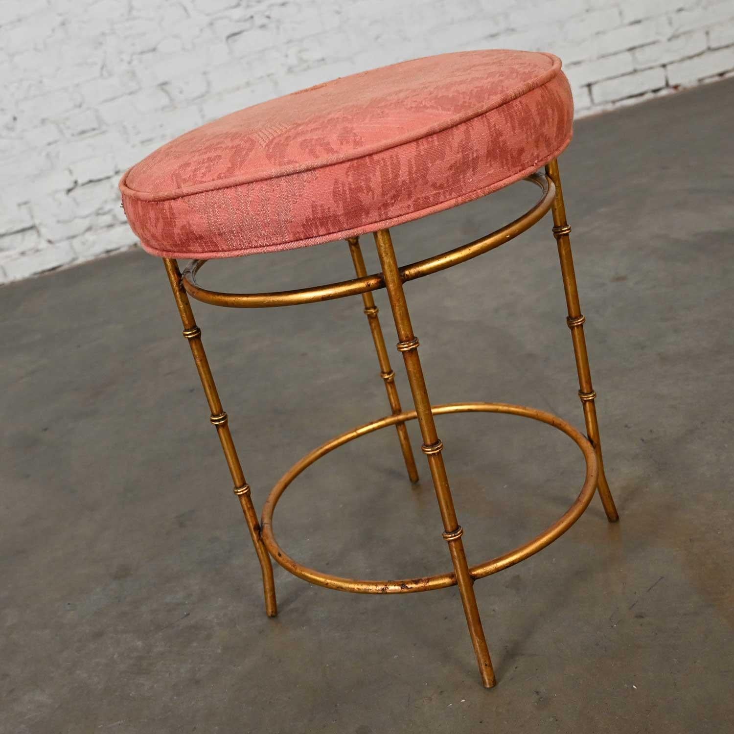 Unknown Mid 20th Italian Style Round Stool Rose Damask Seat Gilt Metal Faux Bamboo Legs  For Sale
