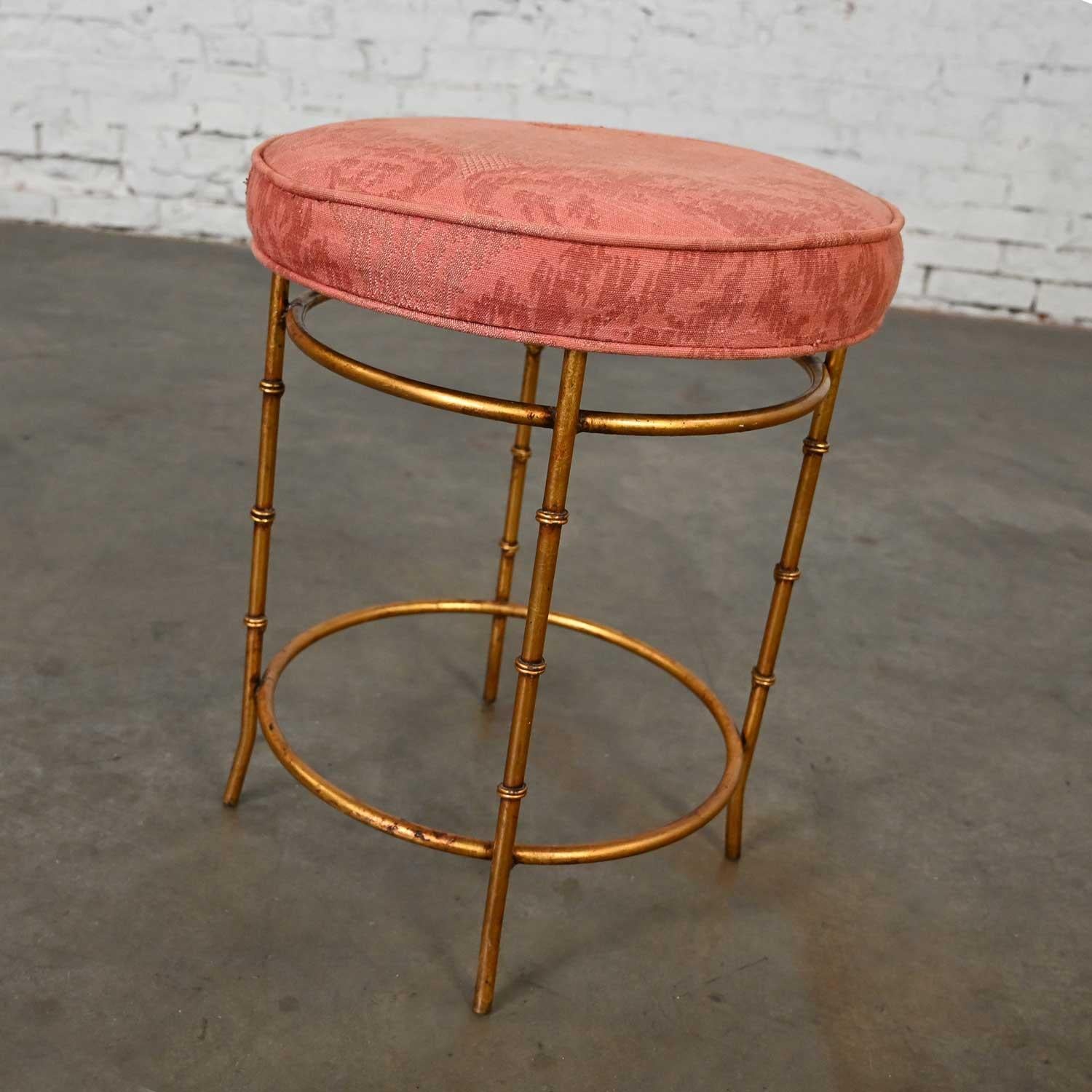 Mid 20th Italian Style Round Stool Rose Damask Seat Gilt Metal Faux Bamboo Legs  In Good Condition For Sale In Topeka, KS