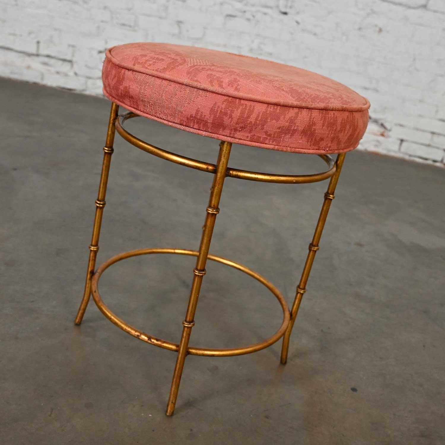 Mid 20th Italian Style Round Stool Rose Damask Seat Gilt Metal Faux Bamboo Legs  For Sale 3