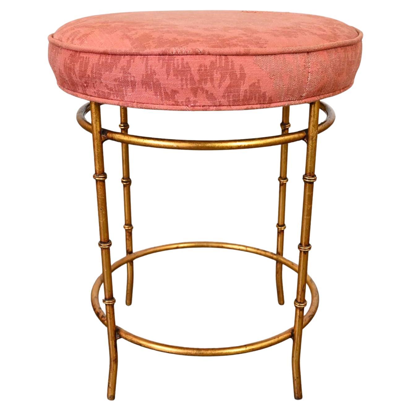 Mid 20th Italian Style Round Stool Rose Damask Seat Gilt Metal Faux Bamboo Legs  For Sale