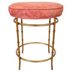 Mid 20th Italian Style Round Stool Rose Damask Seat Gilt Metal Faux Bamboo Legs