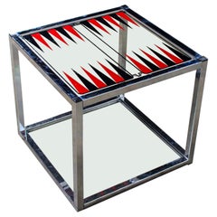 Mid 20th MCM Game End or Side Table Chrome Cube Frame & Backgammon Glass Top