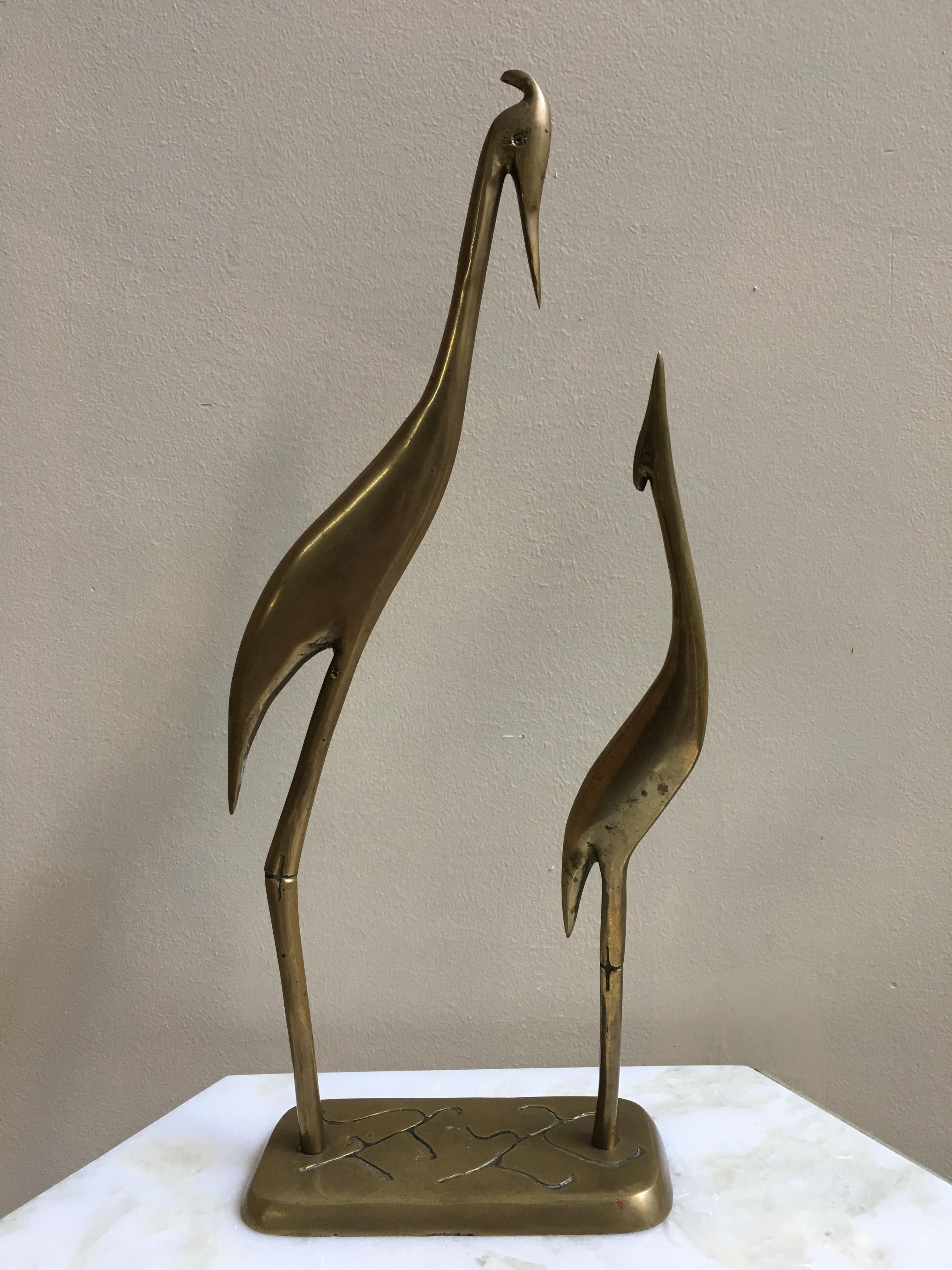 Mid-Century Modern Mid-20th Pair of Brass Herons Sculpture in a Pedestal For Sale