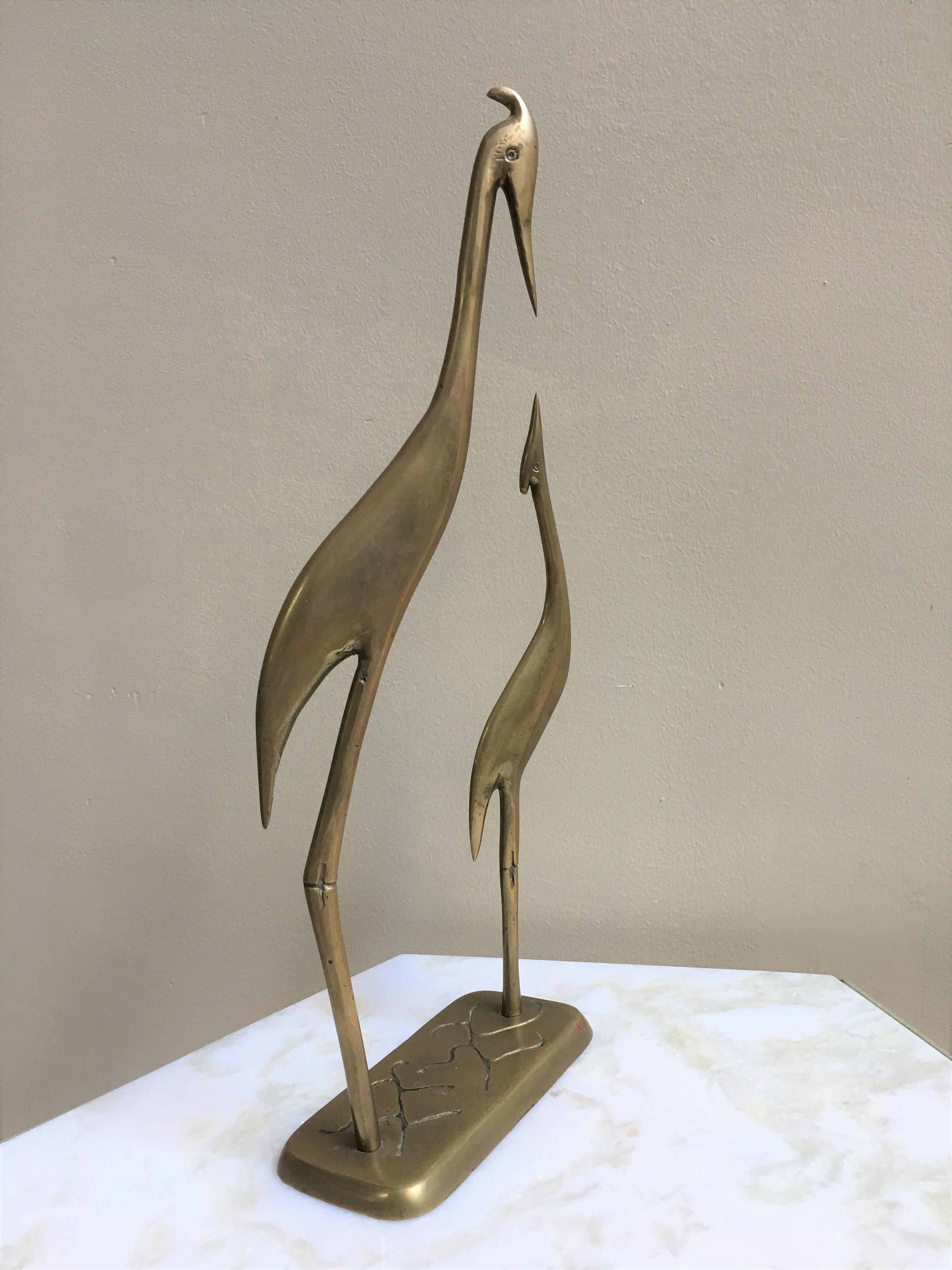 Italian Mid-20th Pair of Brass Herons Sculpture in a Pedestal For Sale
