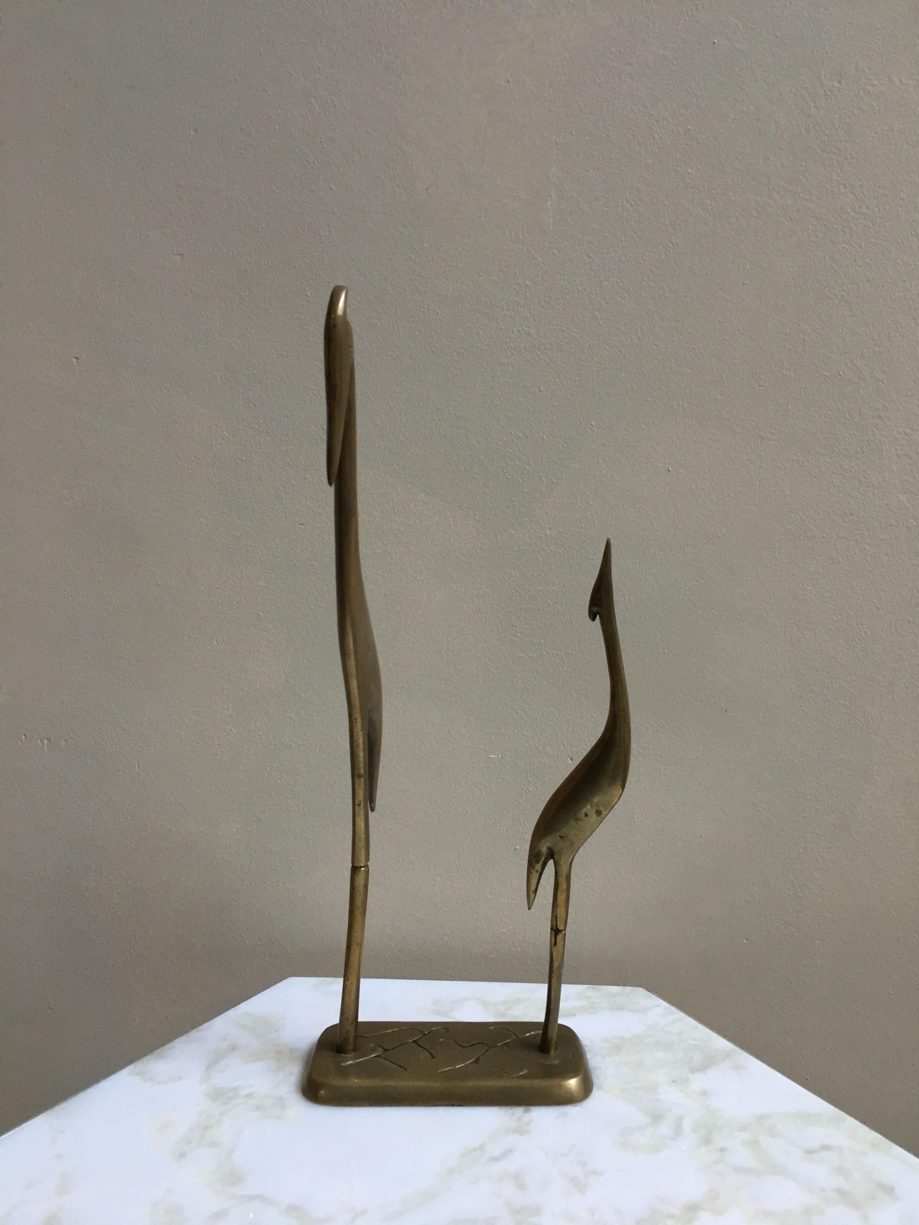 20th Century Mid-20th Pair of Brass Herons Sculpture in a Pedestal For Sale