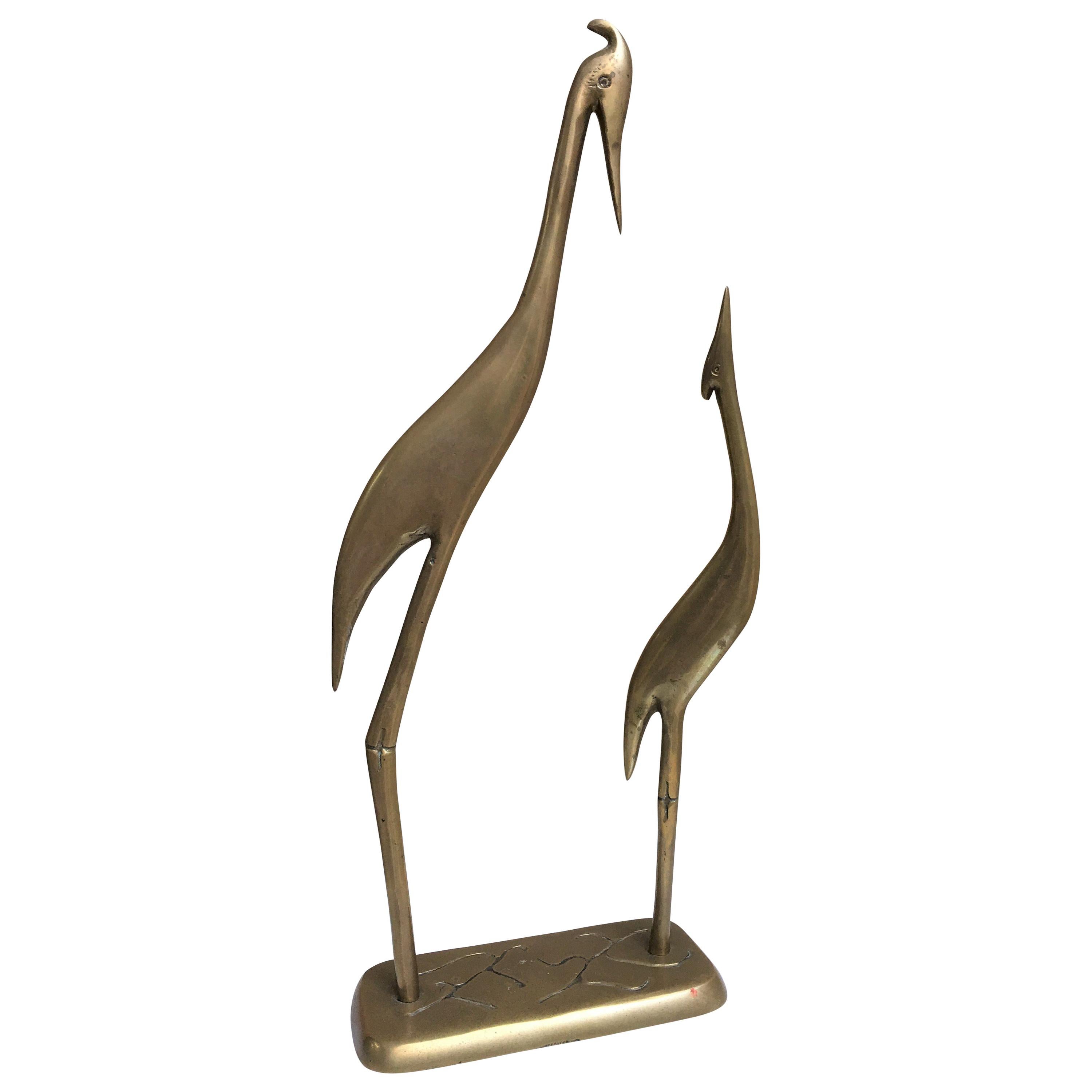 Mid-20th Pair of Brass Herons Sculpture in a Pedestal For Sale