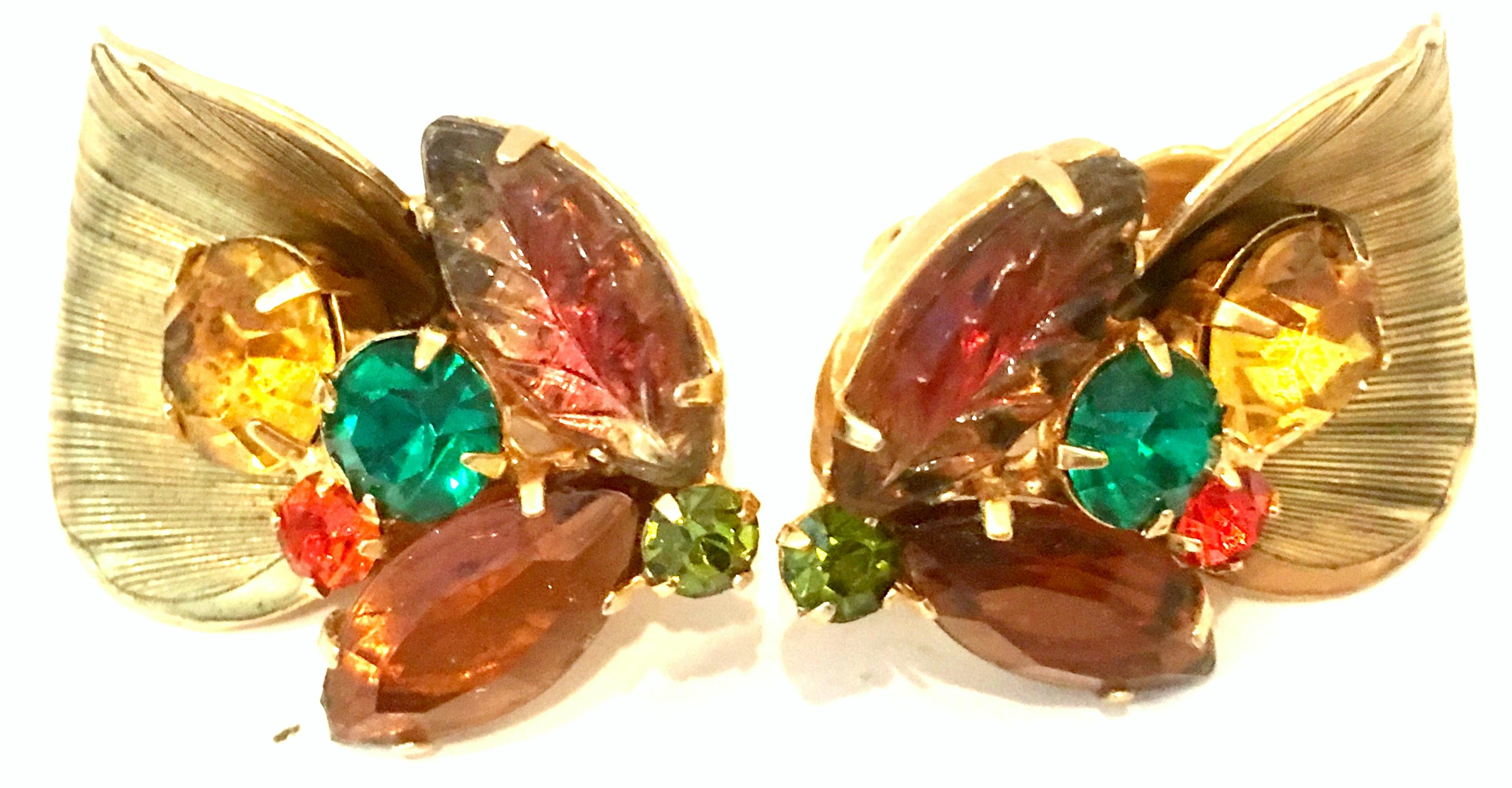 Women's or Men's Mid-20th Pair Of Century Gold Plate & Austrian Crystal Abstract Floral Earrings For Sale