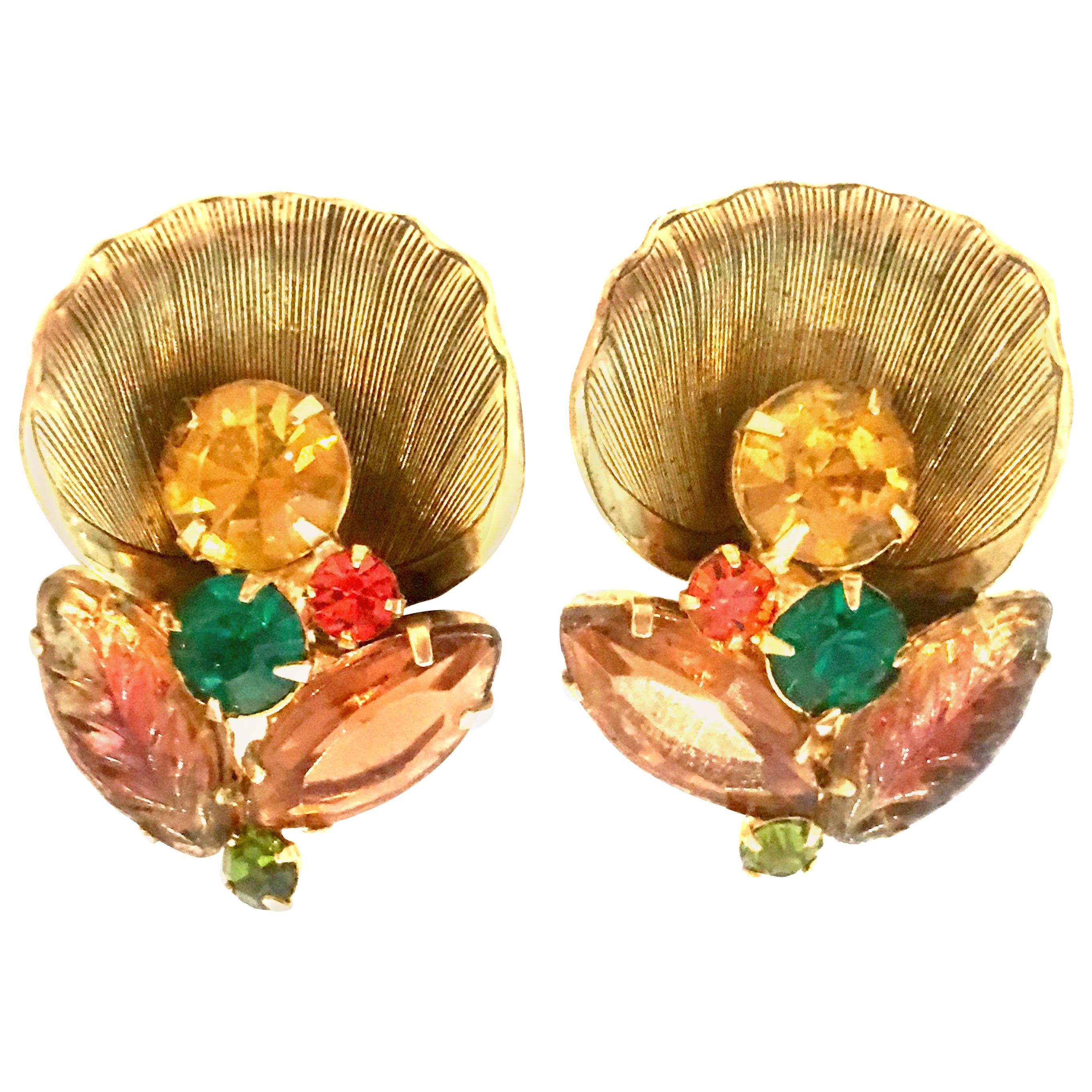 Mid-20th Pair Of Century Gold Plate & Austrian Crystal Abstract Floral Earrings For Sale