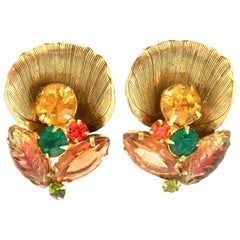 Vintage Mid-20th Pair Of Century Gold Plate & Austrian Crystal Abstract Floral Earrings