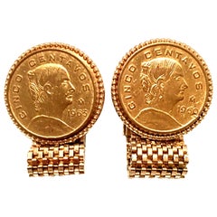 Mid-20th Pair Of Century Gold Plate Cinco Centavos Mexican Coin Cufflinks