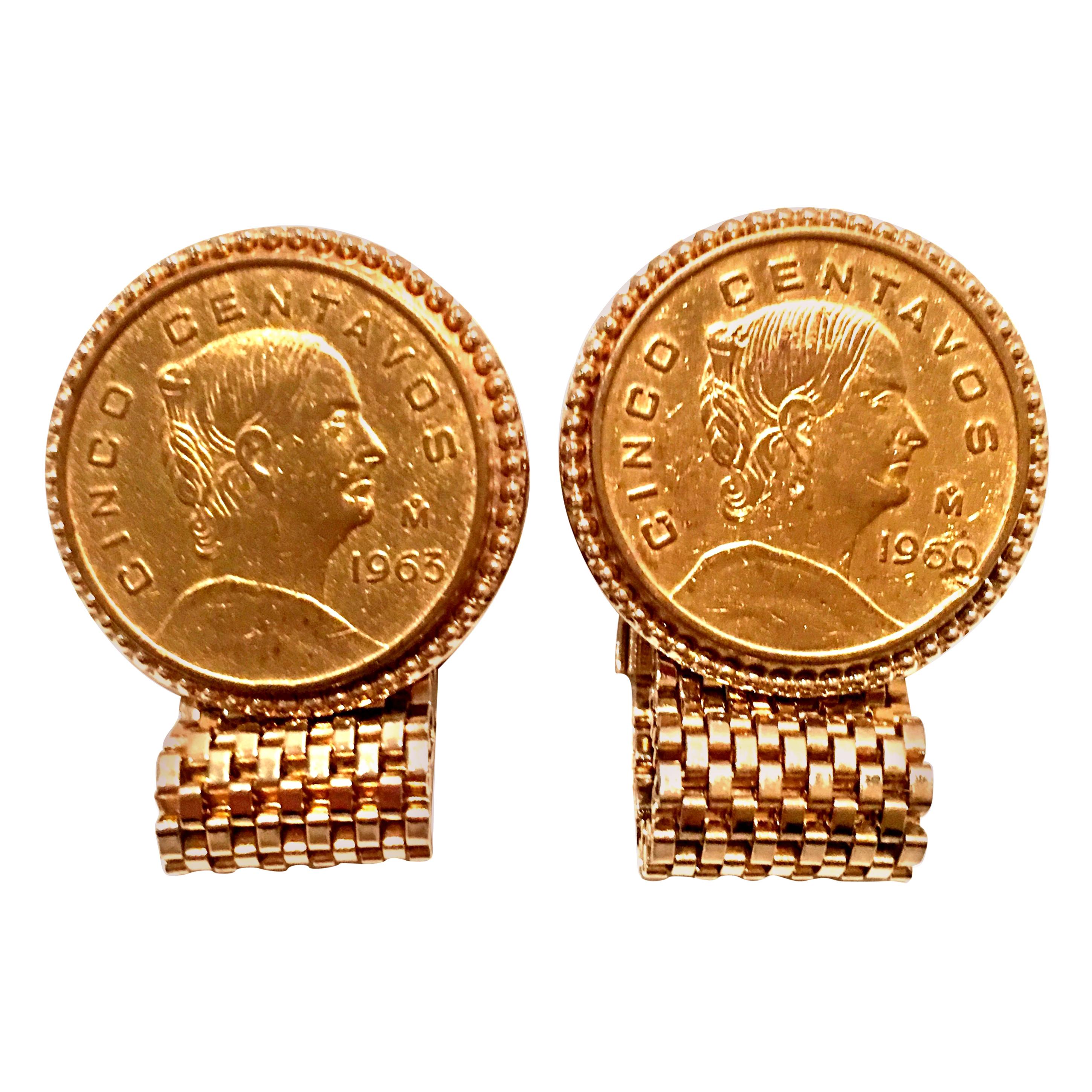 Mid-20th Pair Of Century Gold Plate Cinco Centavos Mexican Coin Cufflinks