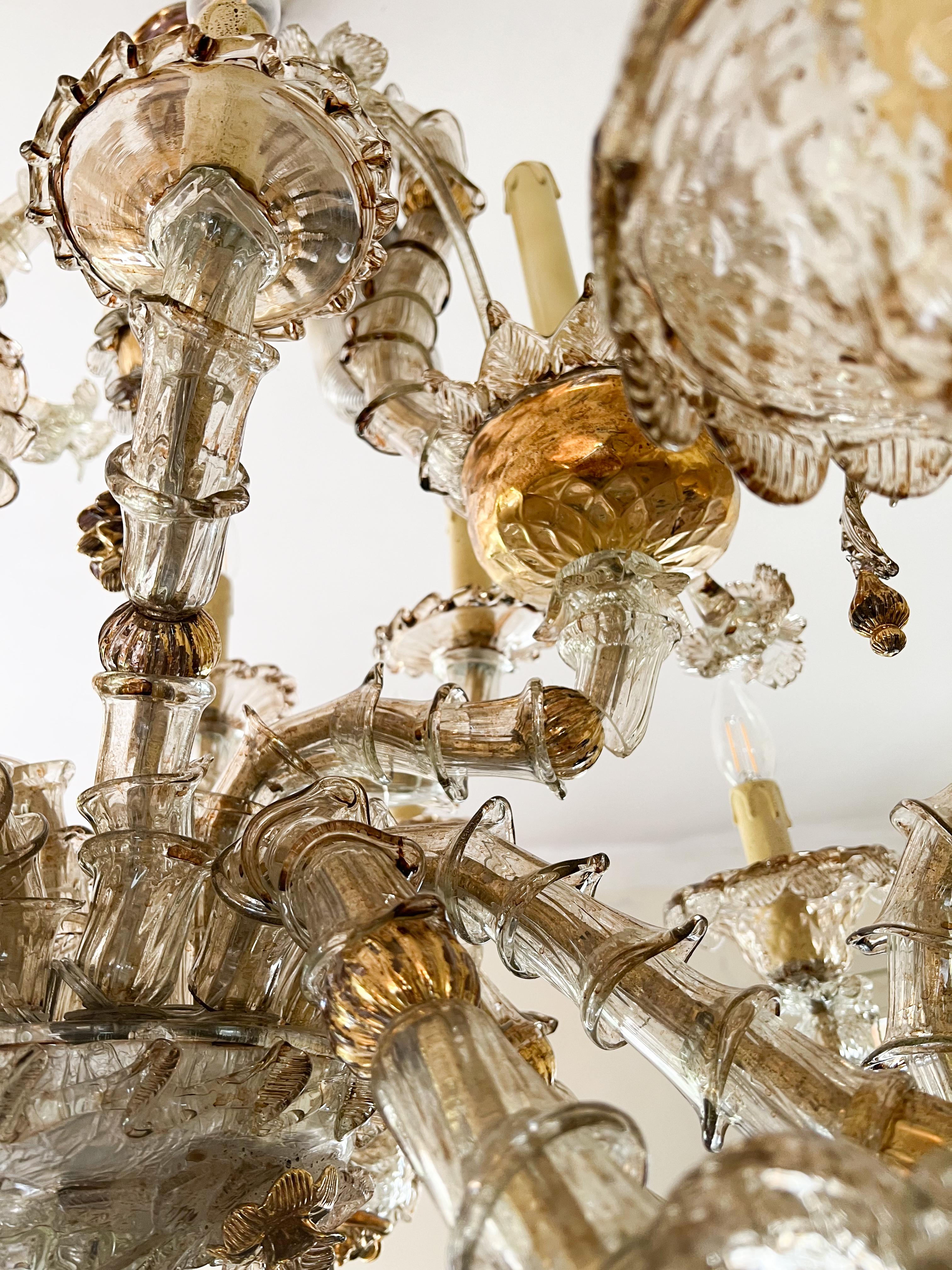 Mid-20th Pair Venetian Rezzonico Gold Chandeliers, 14 Arms, Murano, 1990s 8