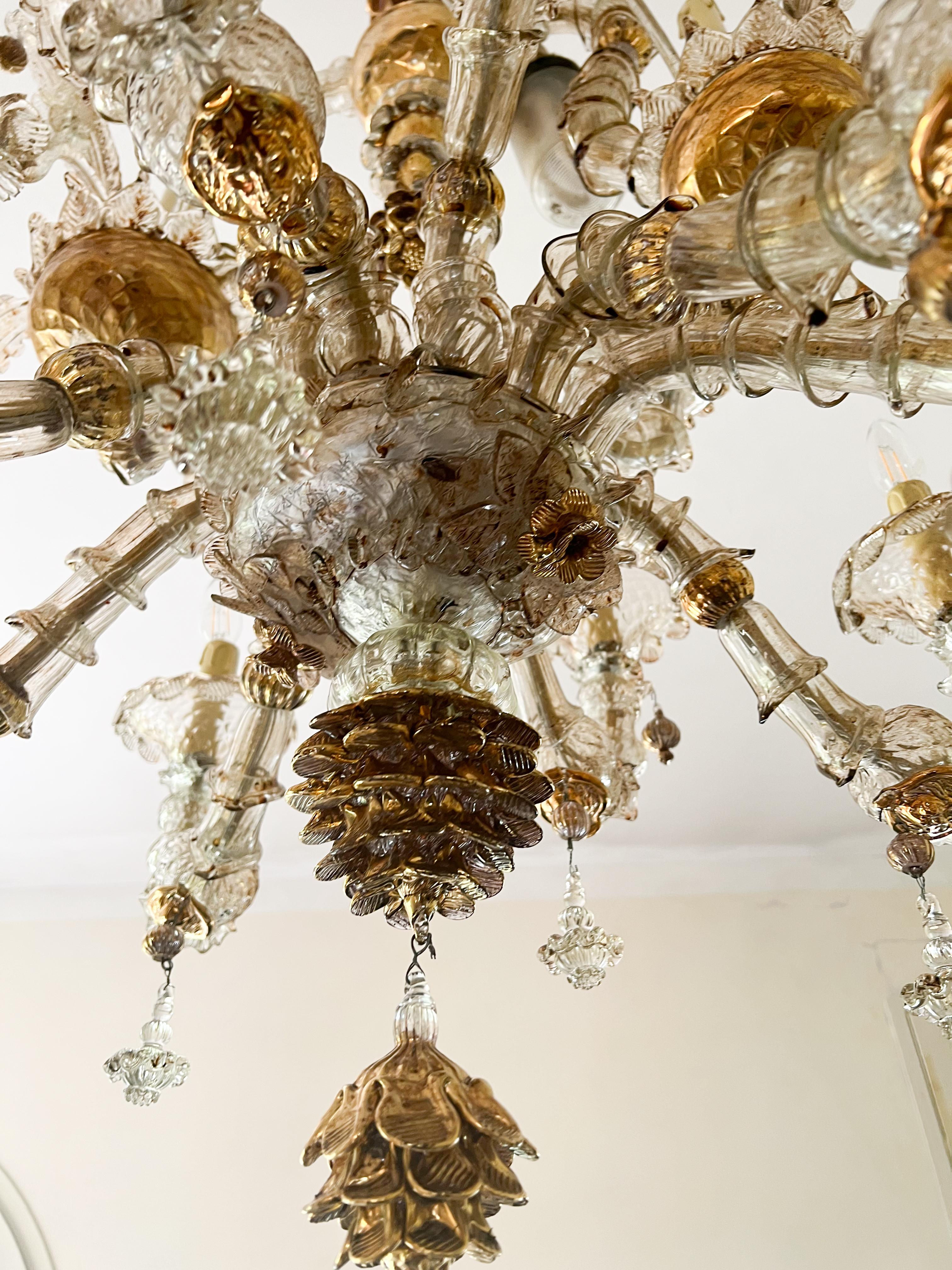 Mid-20th Pair Venetian Rezzonico Gold Chandeliers, 14 Arms, Murano, 1990s 9