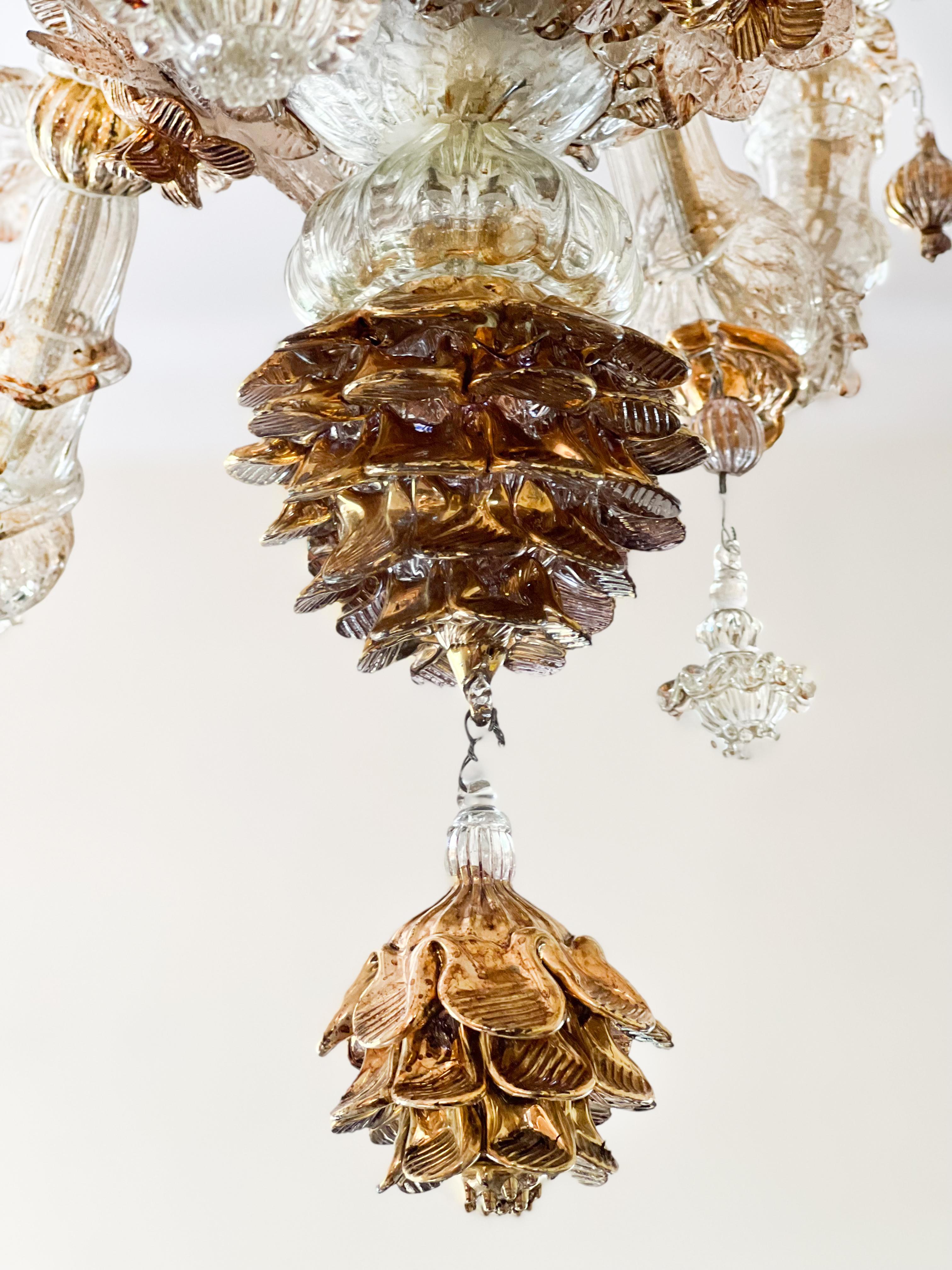 Mid-20th Pair Venetian Rezzonico Gold Chandeliers, 14 Arms, Murano, 1990s 1