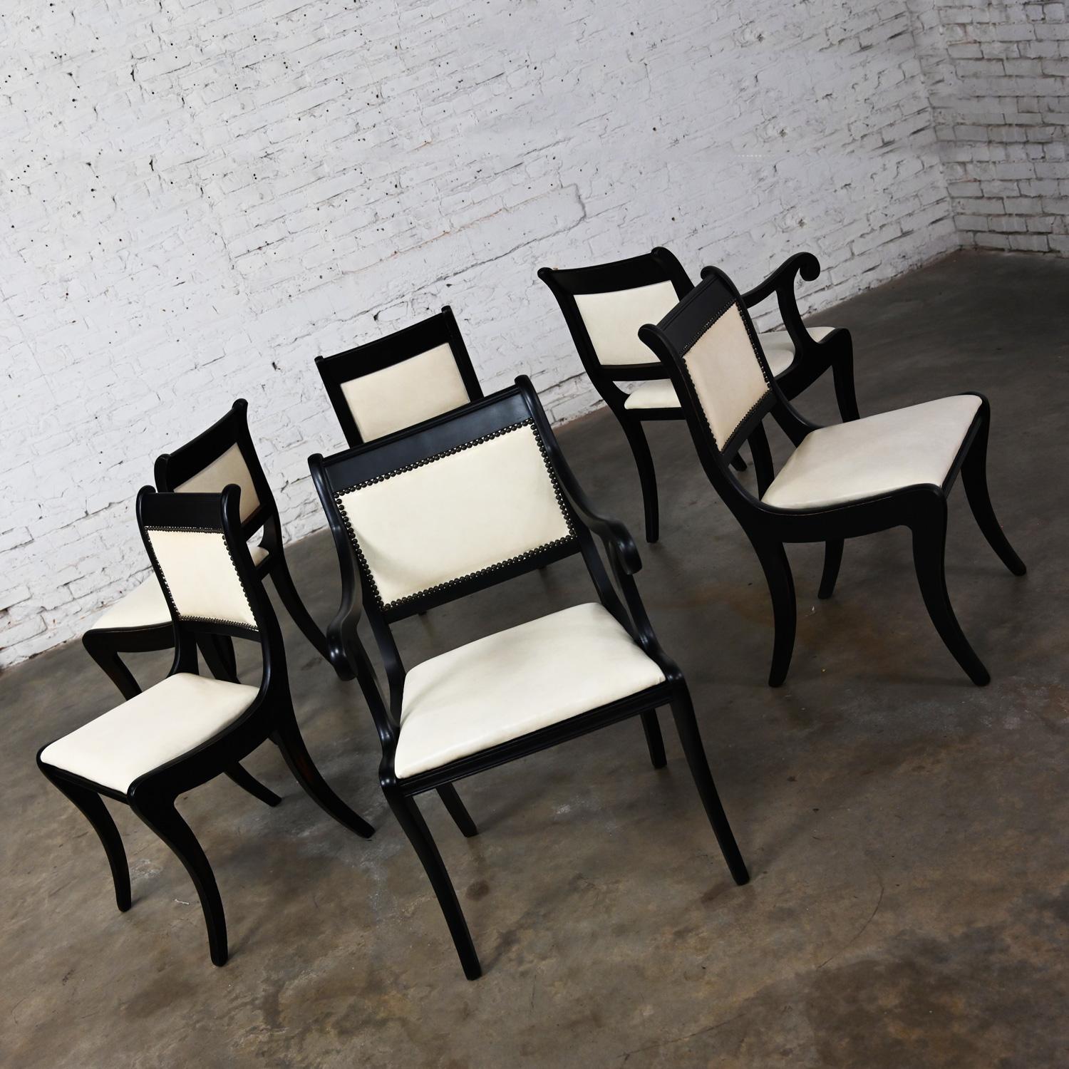 Mid 20th Regency Style Dining Chairs Off White Faux Leather Black Frames Set 6 3