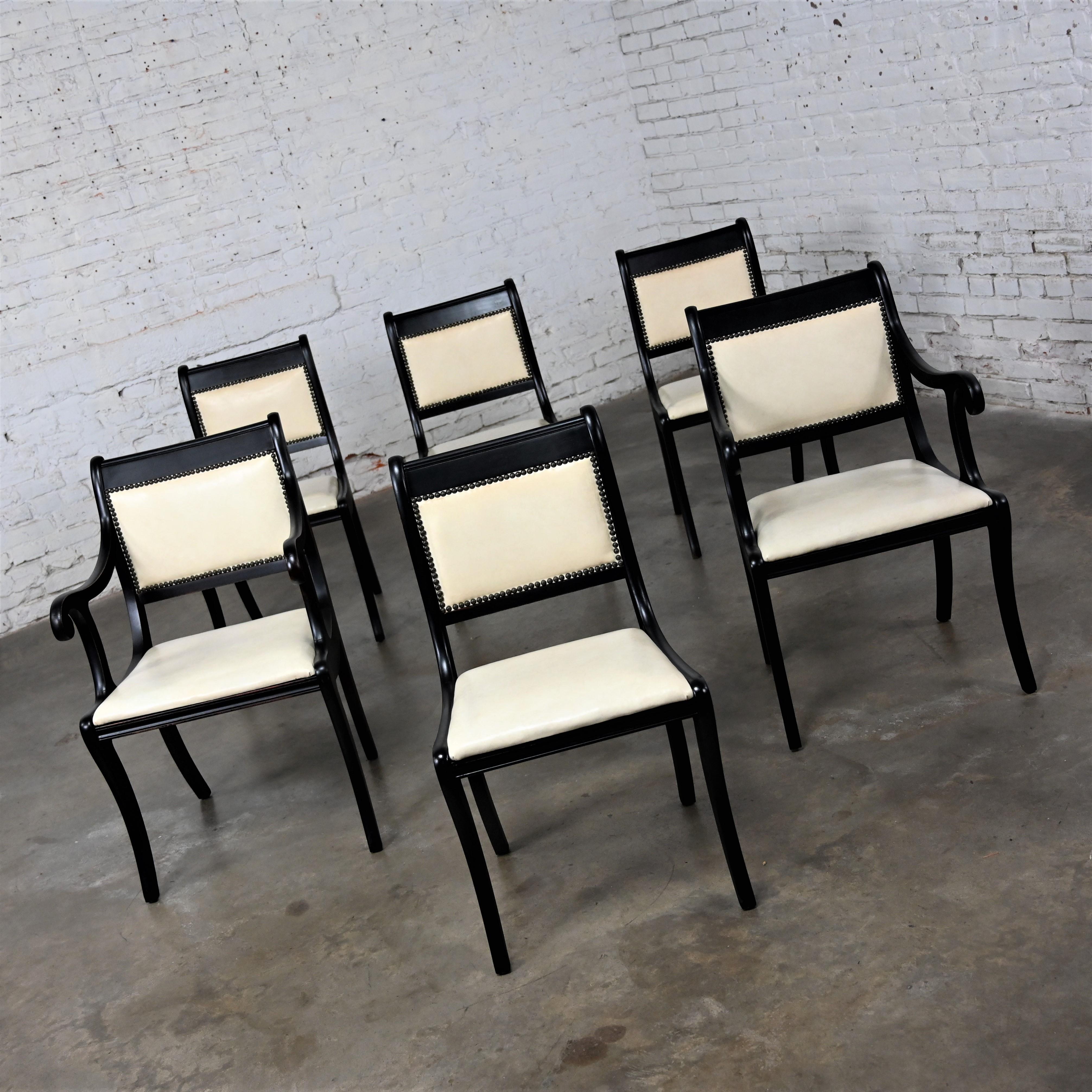 Mid 20th Regency Style Dining Chairs Off White Faux Leather Black Frames Set 6 7