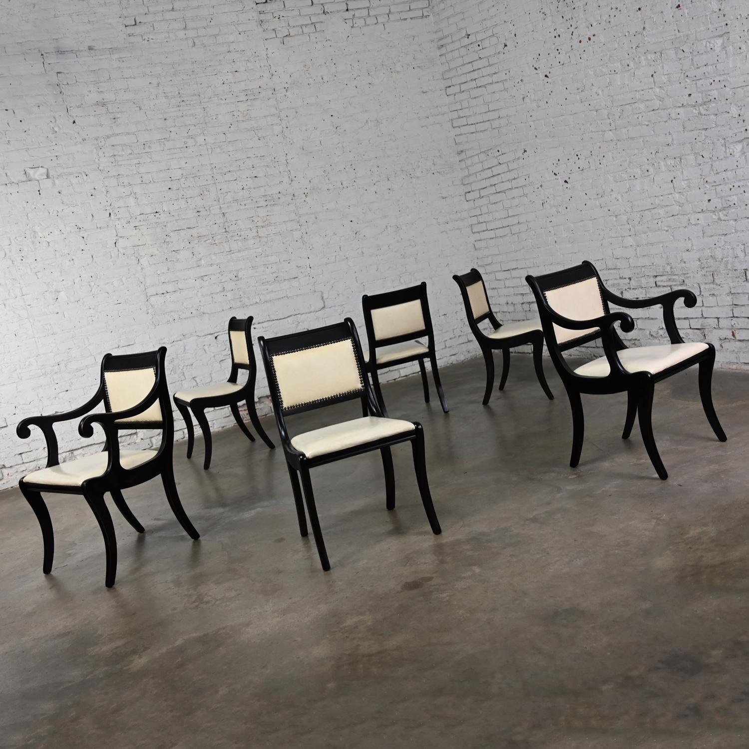 Mid 20th Regency Style Dining Chairs Off White Faux Leather Black Frames Set 6 8