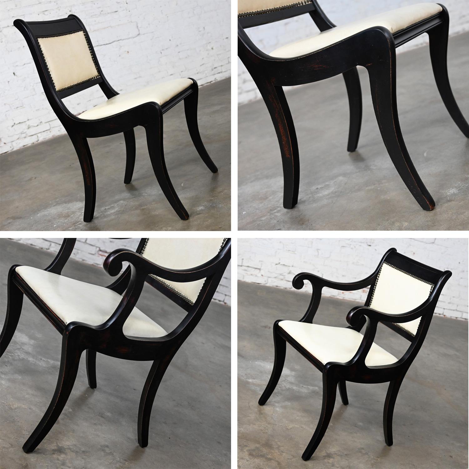 Mid 20th Regency Style Dining Chairs Off White Faux Leather Black Frames Set 6 10