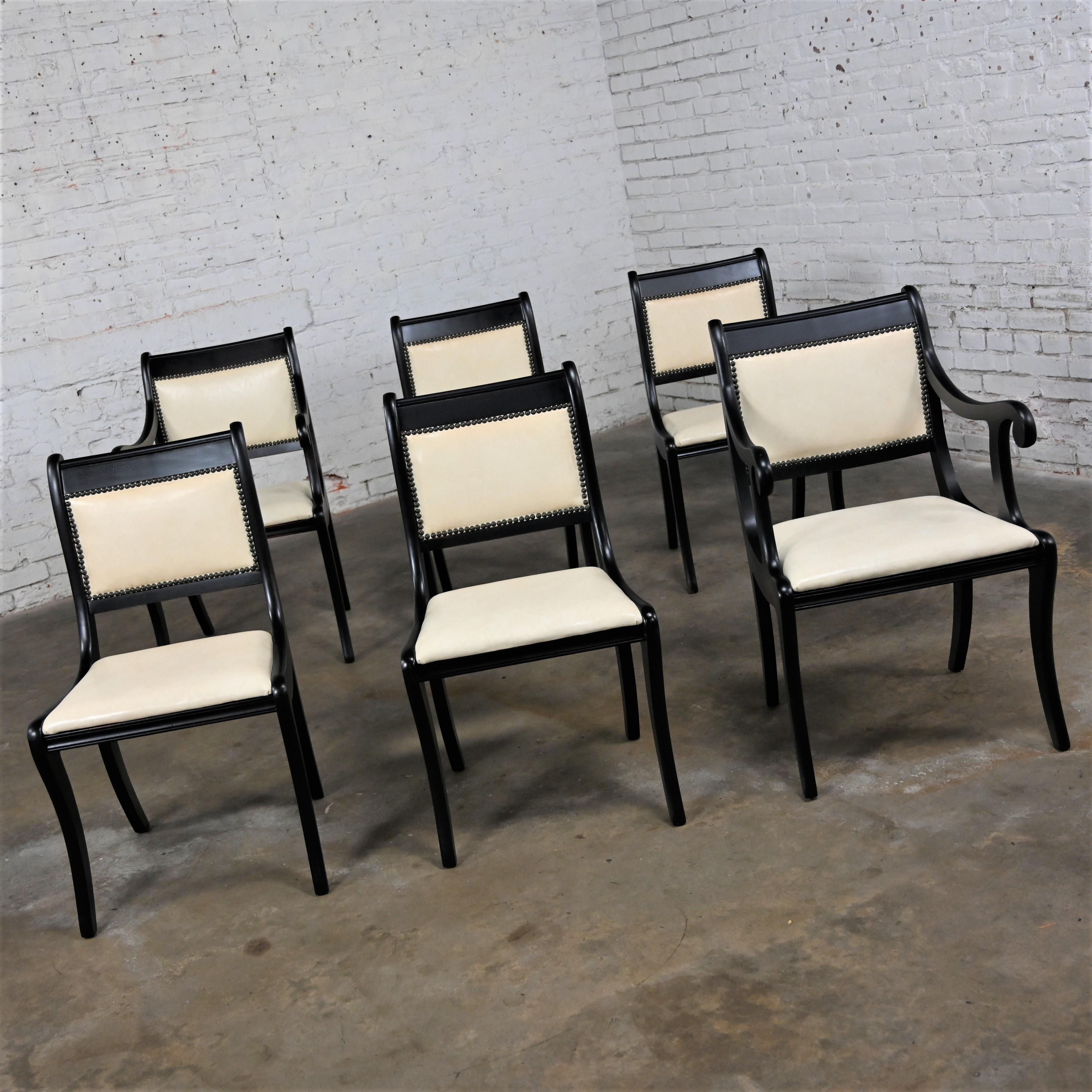 Mid 20th Regency Style Dining Chairs Off White Faux Leather Black Frames Set 6 12