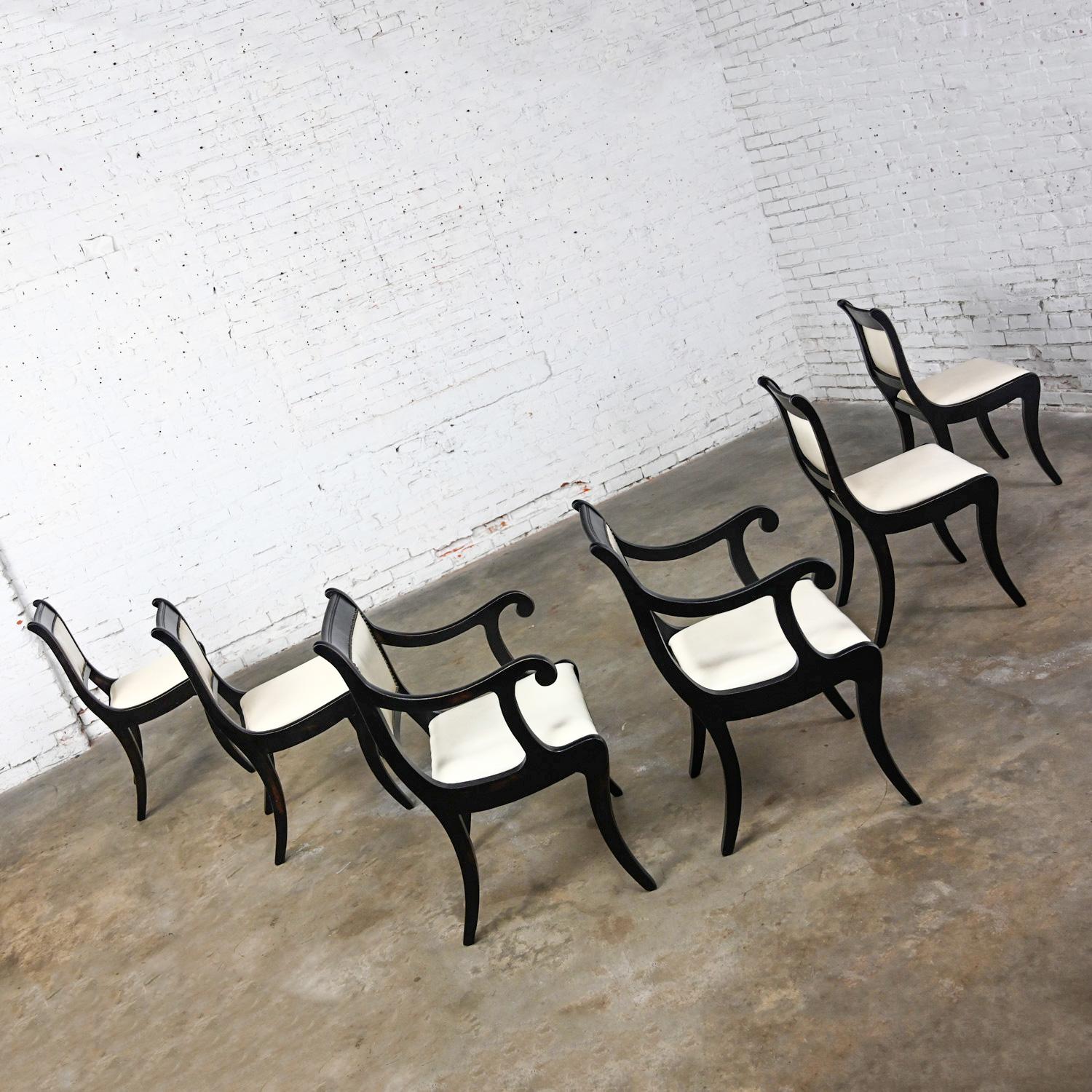 American Mid 20th Regency Style Dining Chairs Off White Faux Leather Black Frames Set 6
