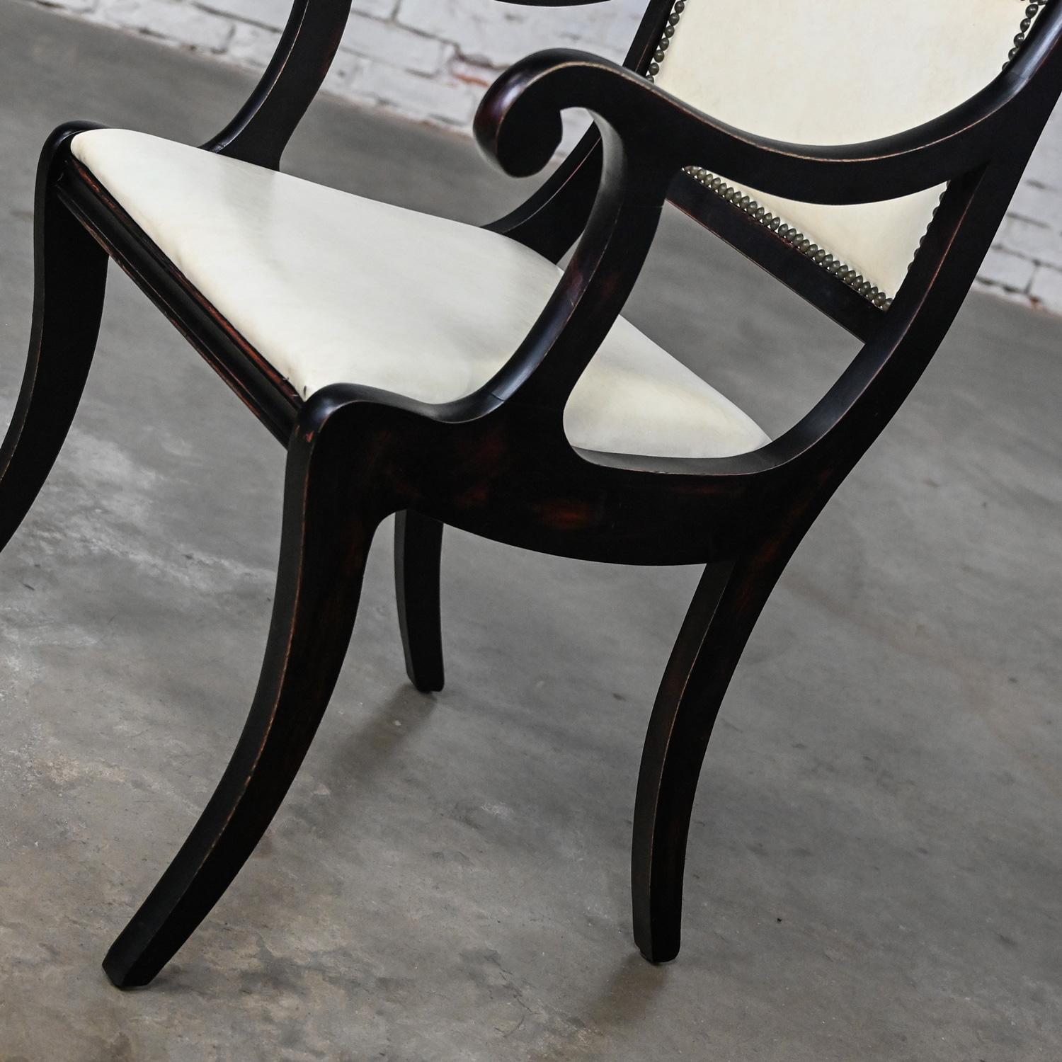 20th Century Mid 20th Regency Style Dining Chairs Off White Faux Leather Black Frames Set 6
