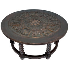 Mid-20th Round, Circular "Fassi De sol" Horoscope Coffee Table in Metal & Walnut