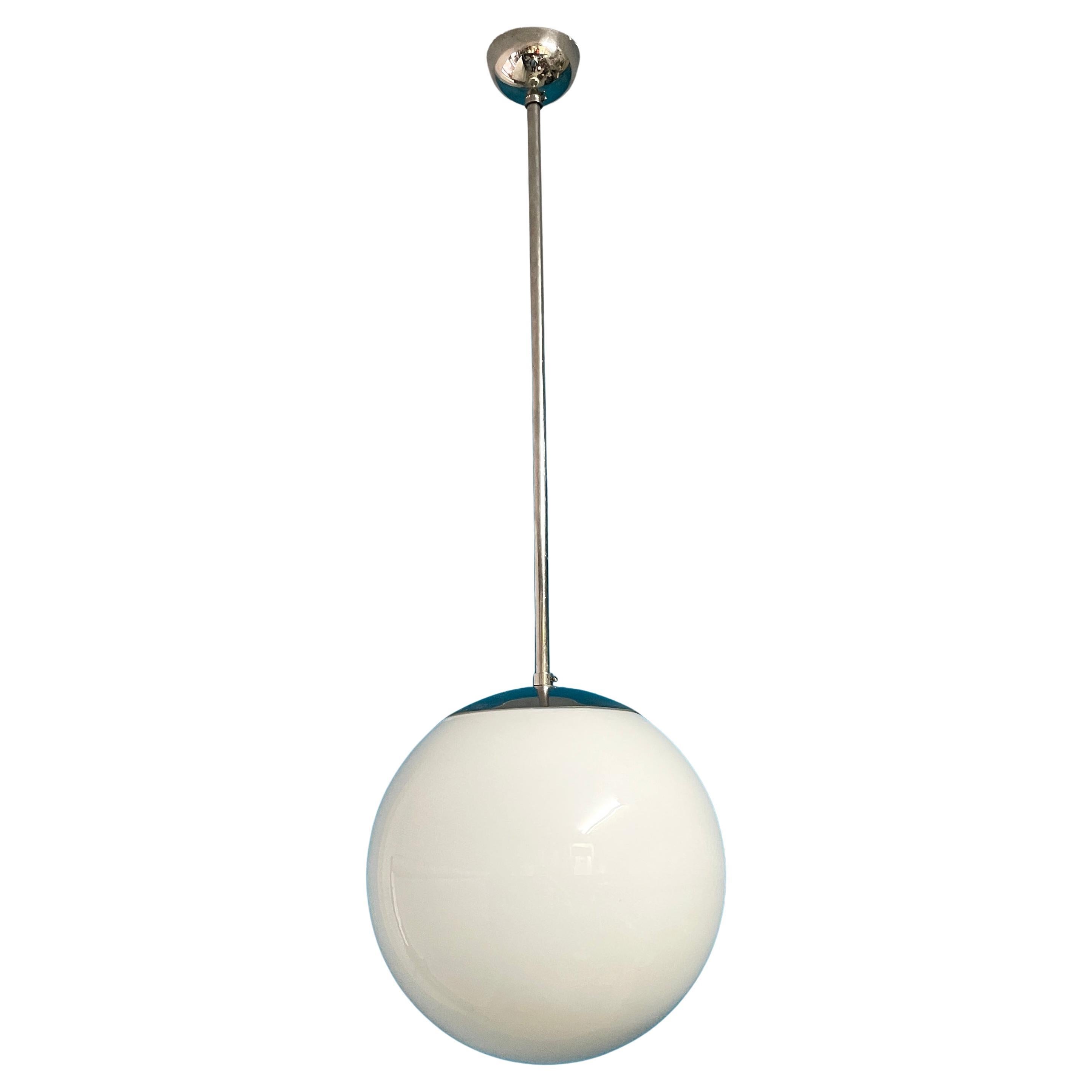 Mid-20th Scandinavian Pendant. Nickeled Brass and Opal Glass. Idman Finland